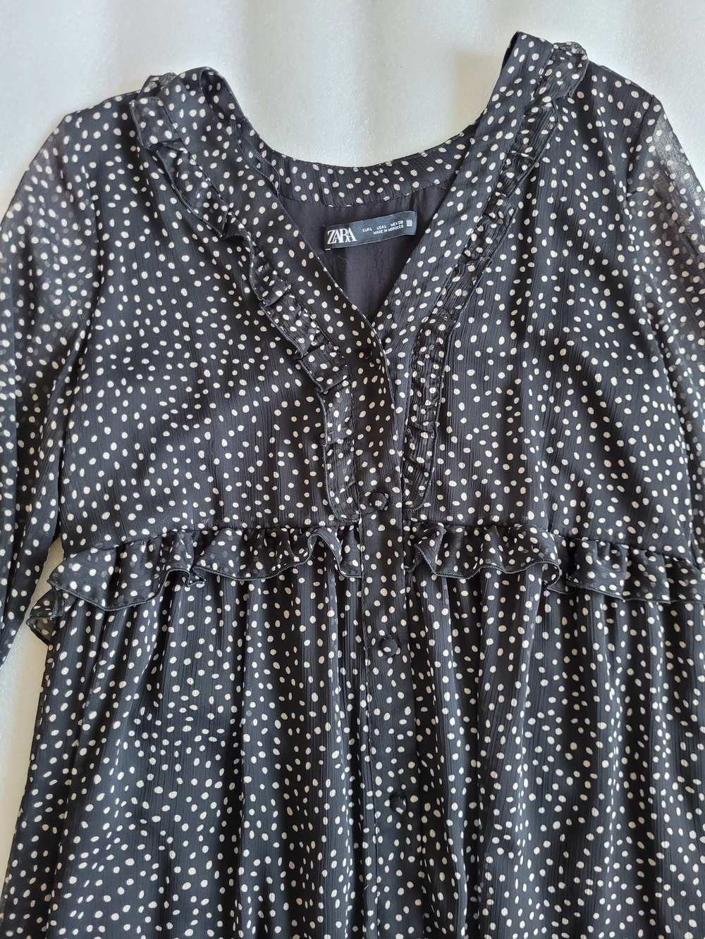 Zara Sheer Polka Dot Minidress With Ruffle Trim Black Cream Large - Picture 3 of 13
